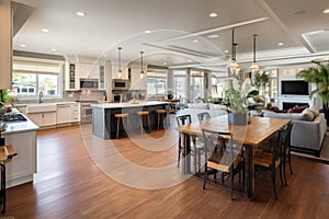 wide shot of an open floor plan with visible kitchen, dining, and living room area