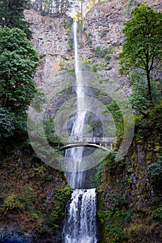 Wide shot of Oregon`s iconic  Multnomah Falls