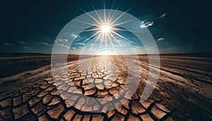 Wide shot of a parched field under a clear blue sky, cracks in the dry soil