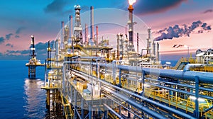 Oil gas industry complex twilight. Industrial night lights. Energy, oil refining, petrochemical