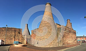 Wide shot of Stoke`s round bottle kilns. photo