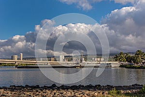 Wide shot of submarine USS Bowfin in Pearl Harbor, Oahu, Hawaii, USA