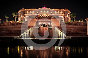 Wide shot of tropical trees near Emirates Palace at night in Abu Dhabi