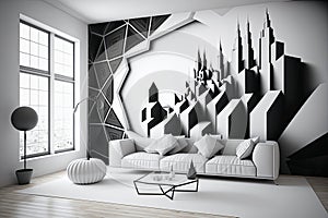 Wide Shot White Room On Wall With City Pattern In Geometry. Generative AI photo