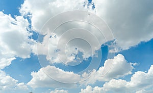 Wide sky panorama with scattered cumulus clouds. Blue sky with clouds and sun