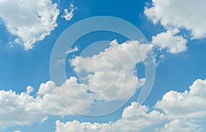 Wide sky panorama with scattered cumulus clouds. Blue sky with clouds and sun