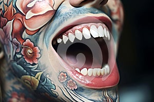 Wide smile with pointed teeth of a young man with tattoos on his face