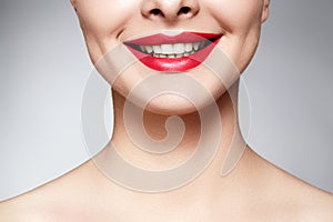 Wide smile of young beautiful woman, perfect healthy white teeth. Dental whitening, ortodont, care tooth and wellness