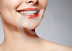 Wide smile of young beautiful woman, perfect healthy white teeth. Dental whitening, ortodont, care tooth and wellness