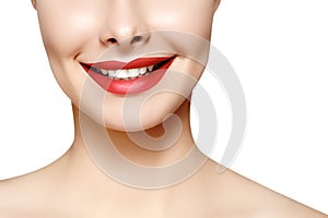 Wide smile of young beautiful woman, perfect healthy white teeth. Dental whitening, ortodont, care tooth and wellness