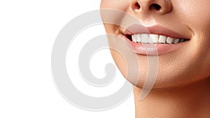 Wide smile of young beautiful woman, perfect healthy white teeth. Dental whitening, ortodont, care tooth and wellness