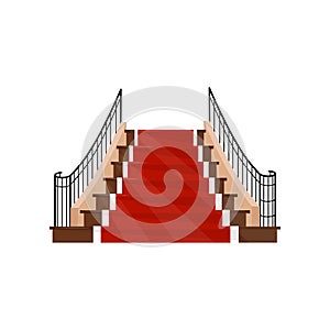 Wide staircase with metal handrails and wooden steps covered with red carpet. Element for hotel lobby. Front view. Flat