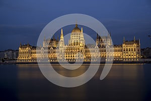 Wide static shot of the Hungarian parliament at night