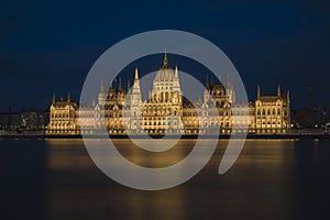 Wide static shot of the Hungarian parliament at night