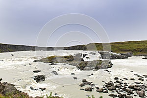 The wide stepped glacial waterfall Urridafoss with rapids on the longest Icelandic river Thjorsa, which is about 230 km long