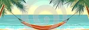 Wide summer banner with seascape in watercolor style, palm trees, hammock, ocean, sandy shore