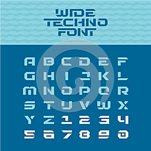 Wide techno poster font. Geometric angular characters.