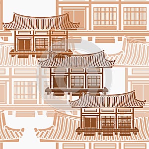 Wide Traditional Korean House Vector Illustration Seamless Pattern