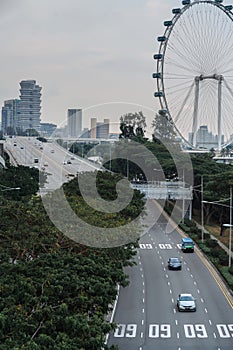 Wide urban freeway Asian metropolis. Modern buildings and structures. Singapore. Highway in dense rainforest