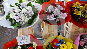 Wide variety of beautiful and expensive colourful bouquets at flower shop