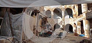 Wide view of ancient leathers tannery in Fez