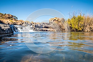 Wide view of Bourkes Luck Potholes waterfall, Mpumalanga