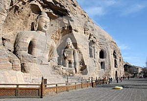 Wide view of Buddha statue in Cave 20 at Yungang Grottoes near Datong in Shanxi Province, China