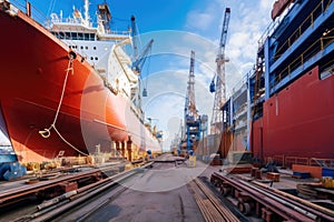 wide view of cargo ship assembly line at a dockyard