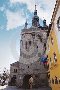Wide view of the Clock Tower in Sighisoara, on a sunny day