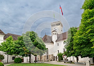 Wide view of the courtyard and Clock Tower of the Ljubljana castle in Slovenia