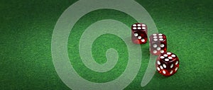 Wide view, Dice on green casino cloth, gambling background concept