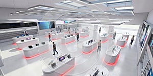 Wide view of high tech smartphone store interior with many counters and screens