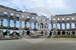 Wide view of the interior of the ancient Roman amphitheater in Pula Croatia