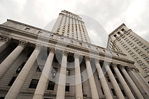 Wide view looking up at the United States Court House, lower Manhattan