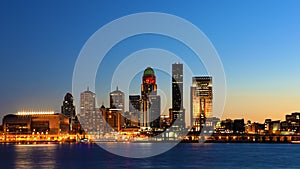 Wide view of Louisville, Kentucky skyline at night