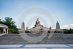 Wide view of the main Buddha sculpture of the Fo Guang Shan Buddha memorial center Kaohsiung