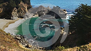 Wide view of mcway falls on the california coast in big sur