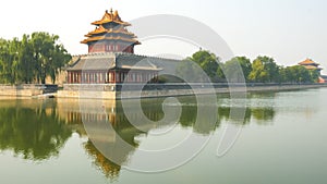 Wide view of the moat and corner tower of the forbidden city, beijing