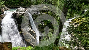 Wide view of nooksack falls and river in washington state