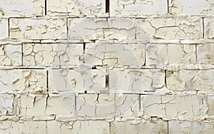 Wide view of an old white brick wall with substantial paint peeling, emphasizing the texture and pattern.