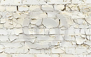 Wide view of an old white brick wall with substantial paint peeling, emphasizing the texture and pattern.