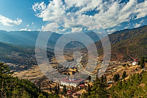 Wide view of the Paro Valley with Paro Dzong, Bhutan