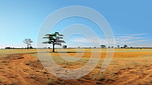 Panoramic Desert Scene With Tree: African Influence And Rural Life