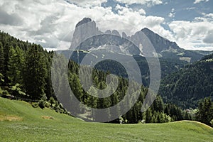 wide view on Sasso Lungo group from an alpine pasture in Dolomites