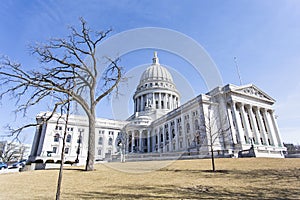 Wide view of state capitol building in Madison, Wisconsin, USA