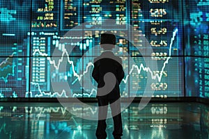 wide view stock market graph growthing up on digital wall and full body Kid Businessman in suit.