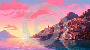 Vibrant Mountain And Horizon Art: Pink And Red With Detailed Cityscapes