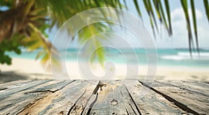 Wide wooden bar on a tabletop on a blurred beautiful background of a beach scene, palm leaf. Product display mockup Resort wooden