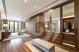 Wide wooden dressing room in modern house photo