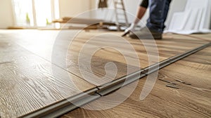 Wide wooden floorboards being carefully laid by tilers in a living room creating a warm and inviting space photo